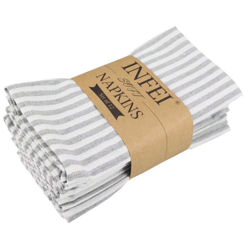 INFEI Plain Striped Cotton Linen Blended Dinner Cloth Napkins - Set of 12 (40 x 30 cm) - for Events & Home Use (Grey) - Image 1